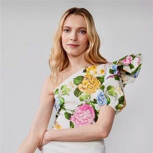 Puff Ruffle Sleeve Hydreangea One Shoulder Top